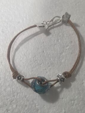 Handcrafted Brown Leather Bracelet with Blue Glass Bead